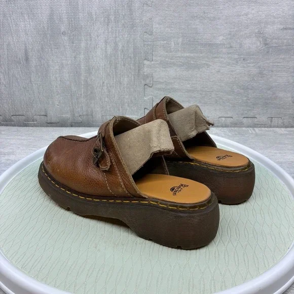 Dr Martens Clogs Women's 9 Brown Leather Buckle Slip On Chunky Mules Y2K - Picture 6 of 8